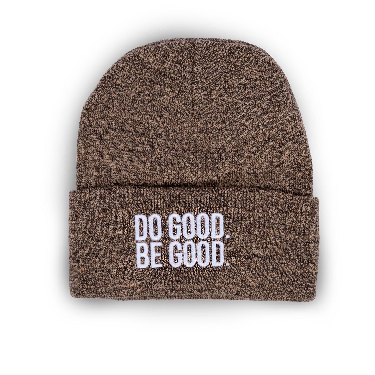 marled brown and white do good be good beanie skully ski hat sol rise essentials knit mental health merch apparel